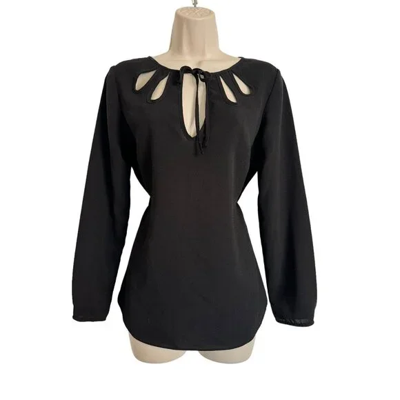 Zara Basic Black Medium Cut Out Blouse with Tie Neck Long Sleeve NWOT - Picture 7 of 10